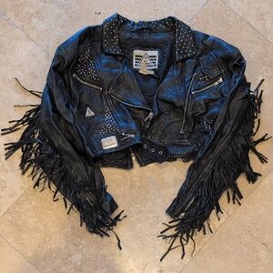 Vintage 80s Studded Black Fringe Leather Crop Jacket